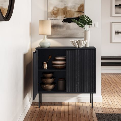 Step into a space where timeless elegance meets modern practicality with the Lysander Compact Sideboard Buffet. Fluted design made of engineered wood paired with metal legs. Small Buffet Cabinet, Black Buffet Table, Buffets And Sideboards, Sideboard Bar, Small Sideboard, Black Sideboard, Cabinet Bed, Small Cabinet, Mdf Frame