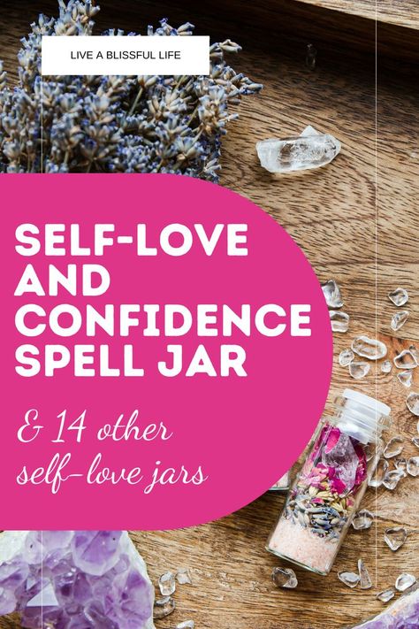 A self-love spell jar, an amethyst, and some lavender flowers; Text reads - Self-love and confidence spell jar Positive Spells, Love Spell Jars, Magic Spell Words, Self Love Spell, Witchcraft Diy, Gratitude Jar, Jar Spells, Love Jar, Spell Jars