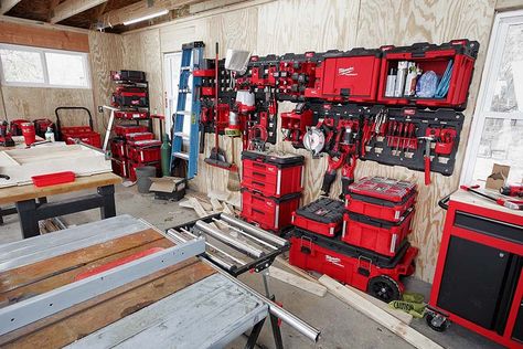 Milwaukee Garage Storage, Milwaukee Storage Ideas, Milwaukee Garage Ideas, Milwaukee Wall Storage, Milwaukee Pack Out Organization, Milwaukee Tool Organization, Milwaukee Packout Garage, Milwaukee Packout Organization Ideas, Milwaukee Tool Storage