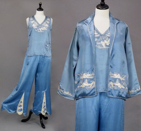 Vintage 1930s Beach Pajamas, 30s Loungewear Set, 3pc Chinese Embroidered Blue Silk Wide Leg Pants, Top and Jacket, Medium 1900s Pajamas, Vintage Pajama Set, 1930s Beach Pajamas, Fantasy Pajamas, 1920s Pajamas, Chaotic Clothes, Vintage Pyjamas, Beach Pajamas, Vintage Pajama