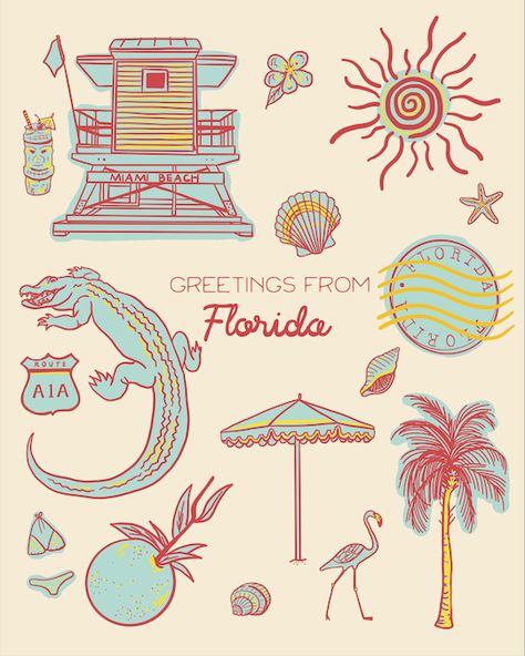 Greetings From Florida collage watercolor art print is a print of a my hand drawn, watercolor painting. It features a lifeguard tower, alligator, palm tree, Florida stamp, seashells, palm tree, route A1A, orange branch and the text "Greetings from Florida". It is printed on a cold press, watercolor textured paper. Acid free, archival, and very sturdy with a matte finish. They are quickly shipped in both a plastic protective sleeve and a rigid mailer to ensure its safety during shipping. Each pri Greetings From Florida, Florida Mood Board, Florida Painting Ideas, Florida Stamp Tattoo, Florida Doodles, Florida Symbols, Florida Tattoo For Women, Florida Themed Tattoos, Vintage Florida Aesthetic