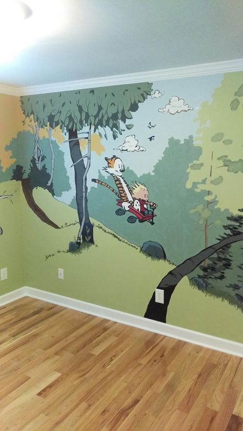 I tried my hand at a Calvin and Hobbes themed nursery. - Creativity post - Imgur Calvin And Hobbes Nursery, Boy Room Themes, Calvin And Hobbes Comics, Kids Room Murals, Bedroom Murals, Calvin Hobbes, Mural Ideas, Kids Room Ideas, Calvin And Hobbes