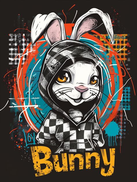 vector graphic t-shirt design, colorful cartoon rabbit wearing a black and white checkered hoodie with graffiti text saying "Bunny", vector art style on a dark background, graffiti splatter effect, high contrast colors, 2D flat design, vector illustration Graffiti Splatter, Checkered Hoodie, Bunny Vector, Gallery Wall Nursery, Graffiti Text, T-shirt Print Design, Cartoon Rabbit, Bunny Art, Shirt Print Design