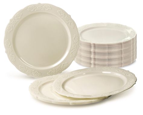 PRICES MAY VARY. Includes : 120 Pieces 7.5'' Appetizer / Dessert Plates Design / Color : Portofino Ivory Made out of high gloss premium disposable plastic. Looks like real china. Ideal for holidays, large gatherings, weddings and special events, where you want an elegant and fancy look with the convenience of disposable. Single Use - Recyclable and BPA Free - Not microwave safe -Also available in packs of 40, 60, 240 pieces and Sets Disposable Plates for Parties, Weddings, Birthday's, New year, Fancy Plastic Plates Wedding, White Disposable Plates, Nice Disposable Plates Table Settings, Bridal Shower Plates And Napkins, Wedding Place Setting Without Plates, Plastic Wedding Table Setting, 25th Wedding Anniversary Party Ideas, Plastic Wedding Plates, Baby Shower Place Settings