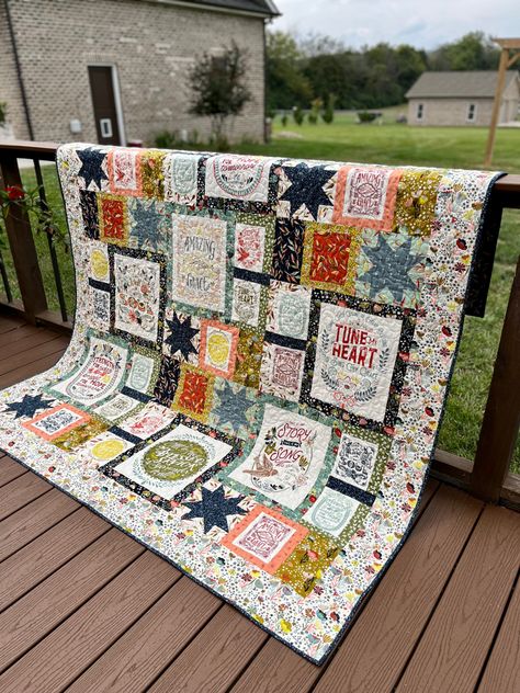 Uses the songbook fabric line Moda Songbook Quilt, Songbook Quilt, Heaven And Nature Sing Quilt, Album Quilt Block Pattern, Musical Quilts Patterns, Stonehenge Fabric Quilt Patterns, Songbook Fabric Quilt, Photo Quilts, Star Blocks