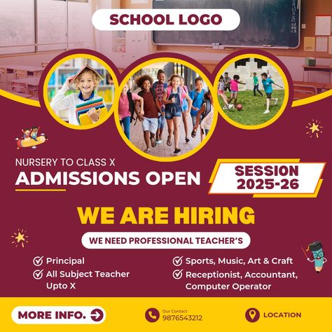 School admission poster . . 😍😍 . 😍 . 😍 . 😍 . . We design professional business / Shop post/ logo / festival post/ visiting card and many more 😍 😍Hii friends.. just do .. ✅like ✅Comment ✅follow 💌DM me.. if you want to create a amazing design for your business ... 😎 #GraphicDesigners #logodesign #gympost #gym #artofday #artwork #logodesign #teacher #hiring #schooladmission#school #teacherhiring School Admission Poster Design, Hiring Poster, Admissions Poster, Festival Post, School Admissions, Visiting Card, We Are Hiring, School Logo, Visiting Cards