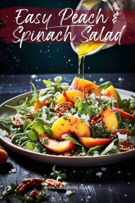 Peach Spinach Salad Recipes, Spinach And Peach Salad, Green Salad With Peaches, Peach Spinach Salad, Summer Salads For Bbq, Canape Recipes, Savvy Bites, Peach Salad Recipes, Main Dish Salad Recipes