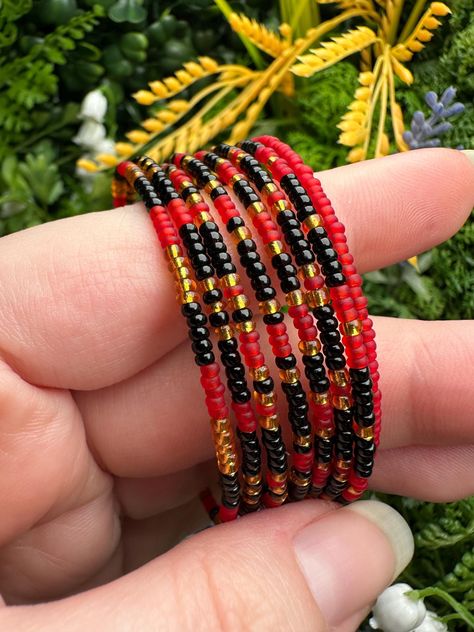 Red, Black, and Gold Seed Bead Memory Wire Bracelet Set - 8 pcs OOAK Bridesmaid Gifts Unique, Beaded Memory Wire Bracelets, Beaded Memory Wire, Wire Bracelets, Memory Wire Bracelet, Iron Beads, Wrist Wear, Memory Wire Bracelets, Solid Red