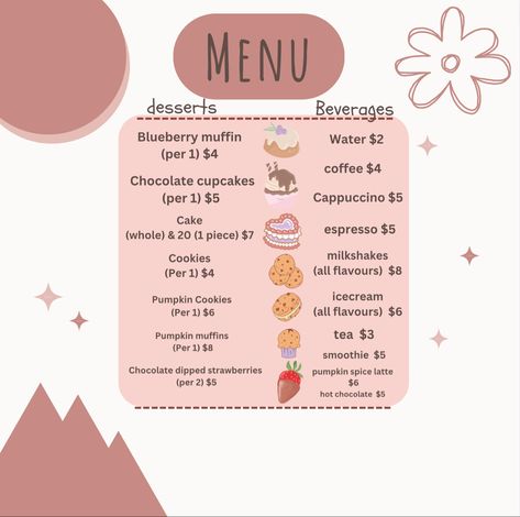 Free menu cafe & bakery Blush Cafe Bloxburg, Bloxburg Cafe, Codes Bloxburg, Menu Cafe, Bloxburg Building, Easy Eye Drawing, Bloxburg Town, Ice Cream Menu, Cute Bakery