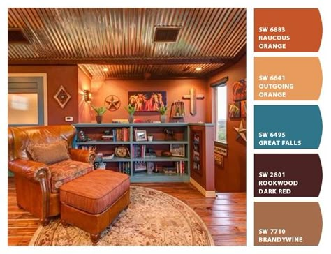 Paint colors from ColorSnap by Sherwin-Williams Rustic Family Room, Southwest Colors, Basement Ceiling, Southwest Decor, Design Apartment, Southwestern Decorating, Western Homes, Western Home Decor, Family Room Design