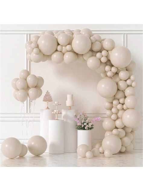 Retro Sand White  Collar  Latex   Embellished   Event & Party Supplies White And Pearl Balloon Garland, Neutral Backdrop With Balloons, White Sand Balloon Garland, Classy Birthday Decorations, White And Tan Balloon Arch, Pearl White Balloon Arch, Beige Birthday, Balloons Arch, Balloon Garland Diy