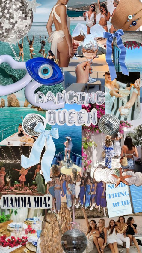 Greece Bachelorette, Mamma Mia Dancing, Boat Bachelorette Party, Bachelorette Party Beach Theme, Greece Vibes, Mamma Mia Wedding, Greece Party, Hens Party Themes, Boat Theme