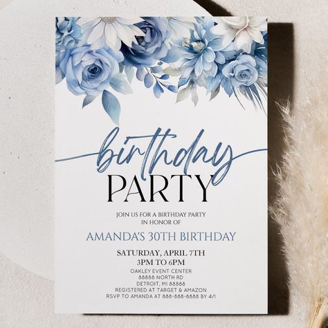 This is a Modern Elegant Dusty Blue Floral Flower Birthday Party Invitation! Flowers Birthday Party, 40th Bday Ideas, Flower Birthday Party, Floral Birthday Invitations, Template Birthday, 50th Birthday Invitations, Flowers Birthday, Flower Birthday, Floral Birthday