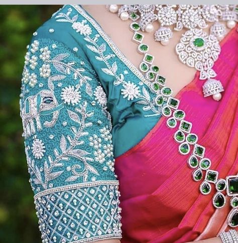 Silver Colour Maggam Work Blouse, Silver Maggam Work, Silver Maggam Work Blouse Designs, Green Blouse Designs, Maggam Blouses, Saree Styling, Work Blouse Designs, Maggam Work Blouse, Maggam Works