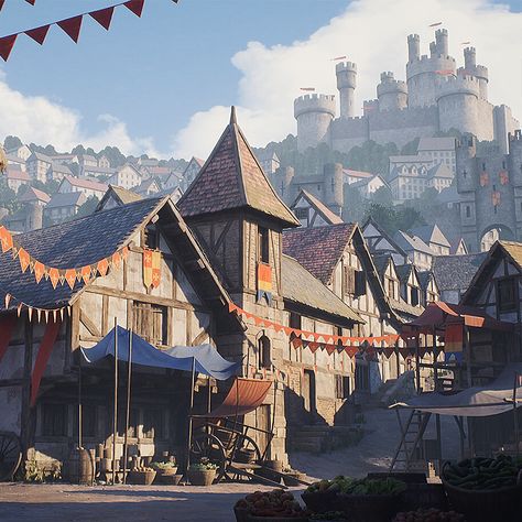 Camelot, Maxim Dorokhov on ArtStation at https://www.artstation.com/artwork/W29x9Q Medieval Fantasy Capital City, Camelot Concept Art, Medieval Market Concept Art, Fantasy Kingdom Village, Medieval City Art, Medieval City Concept Art, Castle And Village, Fantasy Market, Dnd City