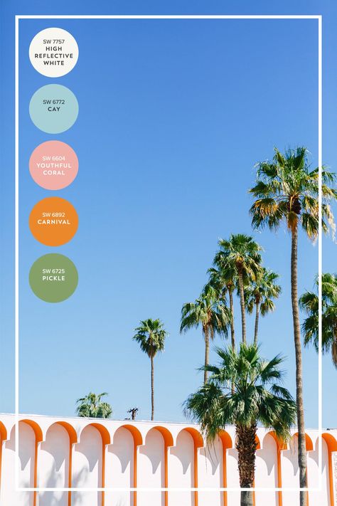 The Color Lover’s Travel Guide to Palm Springs   Joshua Tree | Brit + Co Palm Royale Aesthetic, Palm Springs Color Palette, Desert Modernism, Mid Century Palm Springs, Spring Architecture, Palm Springs Party, Rosebud Motel, Palm Springs Aesthetic, Palm Springs Decor