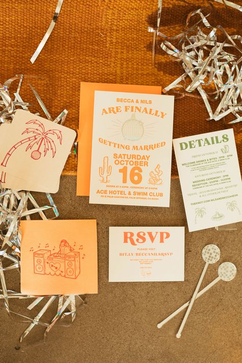 Spring Party Invite, Palm Springs Wedding Decor, Palm Springs Wedding Invitations, Disco Ball Drink, Drink Birthday, Iridescent Decor, Palm Springs Aesthetic, Orange Wedding Invitations, Colorful Wedding Invitations