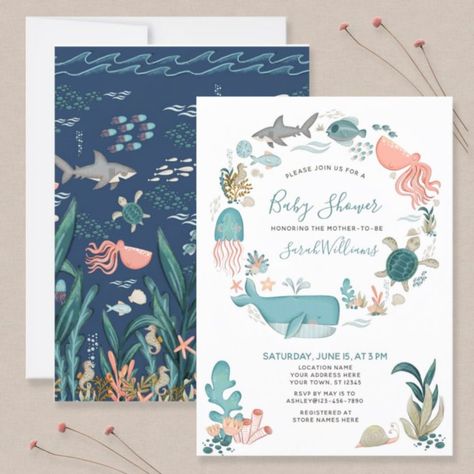 Under the Sea Ocean Animals Baby Shower Script Invitation - tap to personalize and get yours #Invitation #under #the #sea, #baby #shower, Ahoy Its A Boy, Boy Shower Invitations, Sea Baby Shower, Watercolor Baby Shower, 2nd Birthday Invitations, Under The Sea Theme, Star Cloud, Invitation Baby Shower, Animal Baby Shower