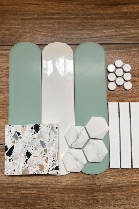 #moodboardmonday means one thing, playing around with new colours, ideas and combinations! Who would have thought our Archi Terrazzo 7 would pair so well with the Granada Sage Matt tile? But it works wonderfully! Find these tiles on our website under: Mosaics- Dotted, HexaStone, Kit Kat Oslo Geometric & Pattern- Granada sage Terrazzo- number 7 Sage Green Mosaic Tile, Terrazzo Bathroom Design Green, Terrazzo Tile Combination, Terrazzo Moodboard Bathroom, Bathrooms With Terrazzo Floors, Tile Combinations Bathroom Color Schemes, Sage Green Tile Bathroom Ideas, Terazzo Floor Bathroom, Terrazzo Combination