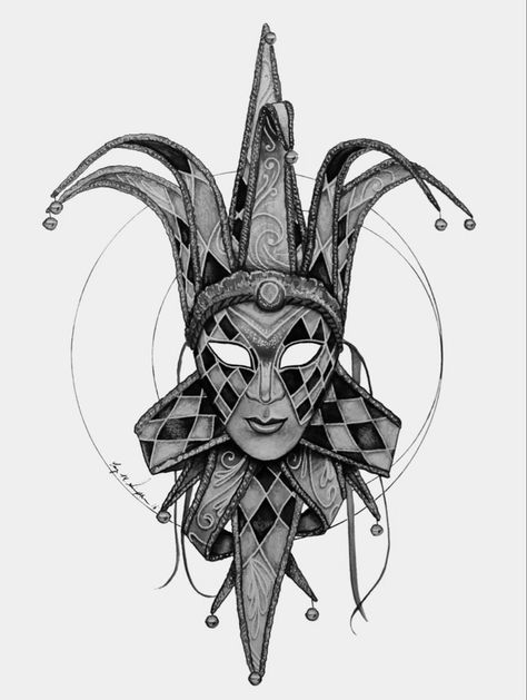 Harlequin Mask Tattoo, Joker Ideas Tattoo, Jester Mask Tattoo, Female Jester Tattoo, Jester Mask Drawing, Jester Tattoo Jokers, Court Jester Tattoo, Clown Mask Drawing, Jester Sketch