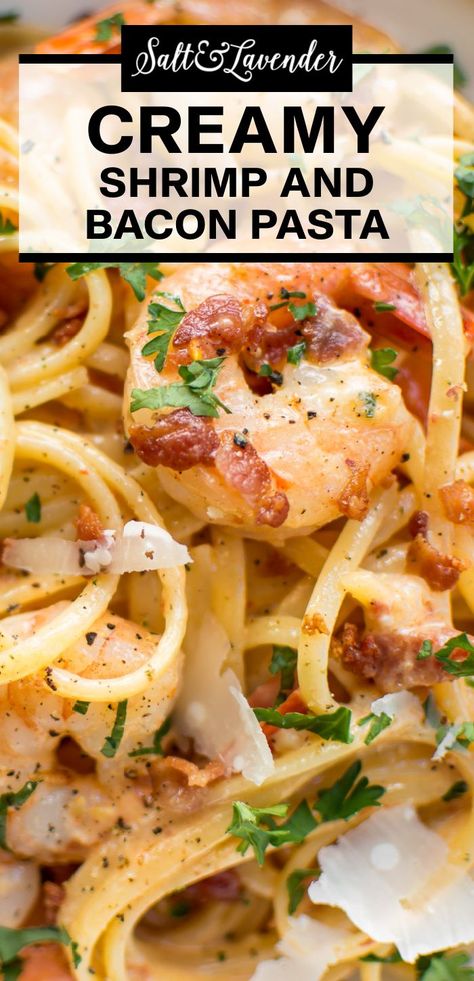 closeup of pasta with text overlay that reads creamy shrimp and bacon pasta Shrimp And Bacon Pasta, Pasta Recipes Shrimp, Pasta Shrimp Recipes, Shrimp Recipes Pasta, Shrimp And Bacon, Bacon Pasta Recipes, Bacon Dinner, Pasta Shrimp, Creamy Shrimp Pasta