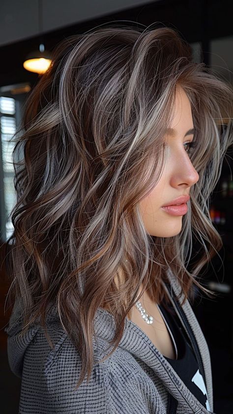 Click to explore more.... . . . . . . . . Brown Hair With Silver Highlights, Rambut Brunette, Grey Hair Transformation, Kadeřnické Trendy, Grey Hair Inspiration, Brunette Hair With Highlights, Dark Hair With Highlights, Silver Hair Color, Caramel Highlights