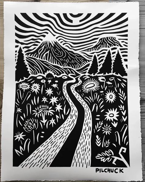 Full Color Image in ai-img-gen.com 🔸 the word "PILCHUCK" intertwined with pacific northwest scenes. Linocut 🔸 From Midjourney AI Image Print Making Landscape, Easy Linocut, Linocut Landscape, Linocut Ideas, Northwest Landscaping, Winding Path, Linocut Printmaking, Lino Art, Lino Prints