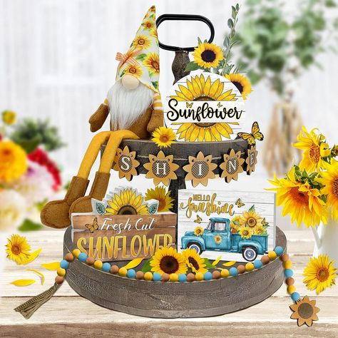 Sunflower Decor - 6 Pieces Sunflower Tiered Tray Decor Bundle - Hello Sunshine Farmhouse Wooden Signs Decor with Sunflower Themed Bead Garland for Summer Kitchen Tier Tray Decorations Sunflower Tiered Tray Decor, Sunflower Tiered Tray, Home Wood Sign, Farmhouse Tiered Tray Decor, Sunflower Kitchen Decor, Farmhouse Tiered Tray, Home Wooden Signs, Rustic Tray, Summer Sunflower