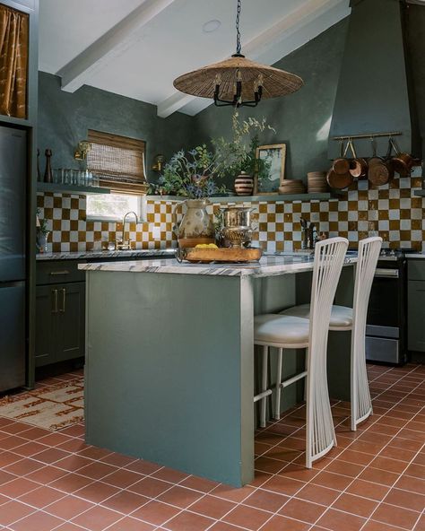 rust colored checkerboard patterned kitchen backsplash Terra Cotta Paint Color, Terracotta Kitchen, Terracotta Paint, Sage Green Kitchen, Kitchen Confidential, Terracotta Floor, Green Kitchen Cabinets, Green Paint Colors, Green Cabinets