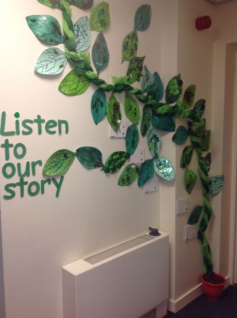 Early Years- speaking and listening display. The children have each helped to create a beanstalk leaf. We then retold the story of Jack and the Beanstalk and recorded this onto talking postcards. Can you see the postcards on our beanstalk? Jack And The Beanstalk Crafts, Jack And The Beanstalk Display, Beanstalk Display, Eyfs Jack And The Beanstalk, Plants Classroom, Fairy Tale Activities, Fairy Tale Theme, Traditional Tales, Door Display