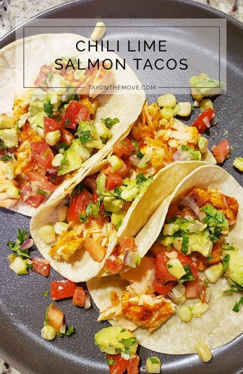 Chili Lime Salmon Tacos, Salmon Chili, Chili Lime Tacos, Lime Tacos, Chili Salmon, Chili Lime Salmon, Avocado Cilantro Dressing, Street Taco, Salmon Tacos