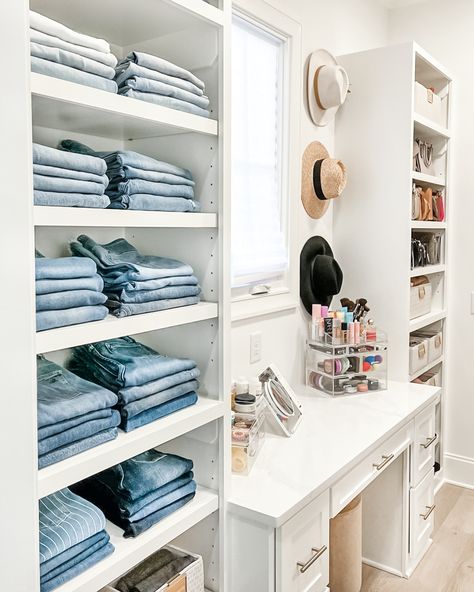 Denim Bar Closet, Cube Shelf Ideas Closet, Denim Closet Organization, Closet Jeans Organization, Jeans Organization Closet, How To Organize Jeans In Closet, Organize Jeans In Closet, Makeup Closet Room, Jean Organization Closet