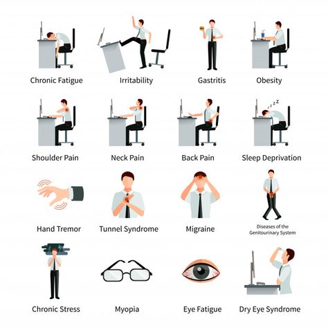 Office syndrome flat character set with employees at desk and inscriptions about negative impact of sitting work isolated vector illustration Free Vector Office Syndrome, Happy Holidays Greetings, Flat Character, Tens Unit, Ten Unit, Page Decoration, Care Logo, Landscape Background, Watercolor Splash