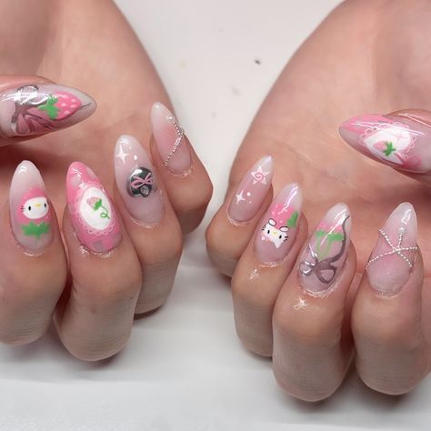 hello kitty strawberry field ˶ᵔ ᵕ ᵔ˶ ℹ️ book gelx manicure with tier four art! Nails With Strawberries, Hello Kitty Nail Art, Kitty Nail Art, Hello Kitty Strawberry, Hello Kitty Nail, Hello Kitty Nails Art, Kitty Nail, Strawberry Field, Kitty Nails