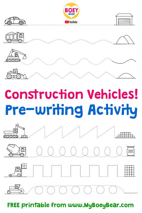 Free printables worksheet to practice pre-writing skills. Activities for preschoolers, toddlers and eyfs to encourage fine motor skills at home by either using their pointing finger or a pencil, to trace along the lines. Featuring construction vehicles/trucks for little fans of excavators, dump trucks, cement mixer trucks, cranes, etc. #prewriting #freeprintables #activitiespreschool #worksheetsfree #finemotor #finemotorskills #finemotoractivities #finemotorskills #athome #toddler #preschooler Pencil Practice Preschool, Pre Writing Lines Free Printable, Excavator Activities Preschool, Construction Activities For Kindergarten, Preschool Writing Activities Printables, Pre Writing Worksheets Free Motor Skills, Free Prewriting Printables, Trace The Lines Preschool Printables, Toddler Writing Practice