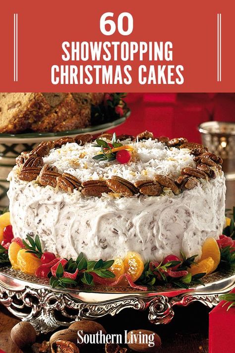 There's nothing more festive than our showstopping Christmas cake recipes. From cheesecake to bundts and towering layer cakes, these Christmas cakes will sweeten any holiday. These beautiful holiday cakes have the perfect recipes for adding layers of delight to any family holiday dinner. #christmascake #christmascakeideas #christmasfood #christmasdesserts #christmas #southernliving Southern Living White Christmas Cake, Christmas Gift Cake Ideas, Red Bird Cake, Christmas Desserts Recipes Elegant, Showstopper Cakes Ideas, Christmas Desserts Bundt Cakes, Cakes For Christmas Easy, Southern Living Cake Recipes, Southern Living Cakes