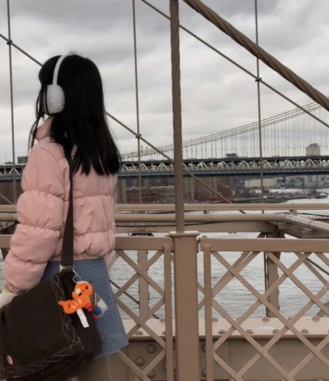 Earmuffs Aesthetic, Pink Puffy Jacket, Plaid Blue Dress, White Earmuffs, Puffy Jacket Outfit, Keychain Pink, 2023 Outfits, Bubble Coat, Aesthetic Outfit Ideas