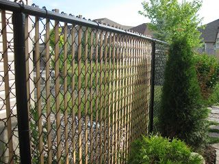 Cheapo way to spruce up a chain link fence! Chain Link Fence Cover, Yard Fencing, Fence Options, Country Fences, Corporate Headquarters, Backyard Garden Landscape, Herb Gardening, Fence Slats, Types Of Fences