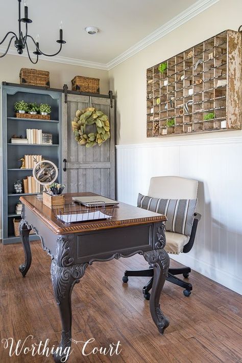 An antique mail sorter becomes large scale "art" in a farmhouse style home office || Worthing Court Sofa Kulit, Farmhouse Office Decor, Mail Sorter, Farmhouse Office, Rustic Office, Office Remodel, Scale Art, Interior Vintage, Office Makeover