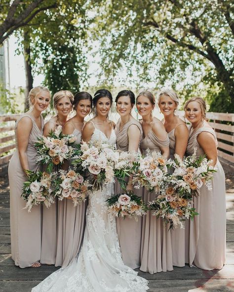 Taupe Wedding Flowers Bouquets, Neutral Dusty Rose Wedding, Bridal Bouquet Champagne Wedding Colors, Neutral Color Wedding Bouquet, Mauve And Taupe Wedding, Boho Wedding Florals Bouquets, Dusty Rose And Taupe Wedding, Champagne And Dusty Rose Wedding, Taupe Wedding Party