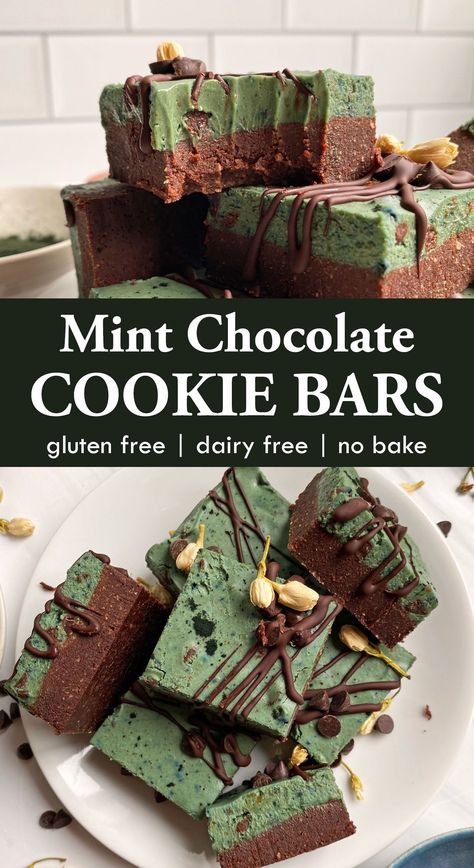 These mint chocolate cookie bars have a fudgy brownie crust that's topped with a creamy mint-coconut filling. These bars are bars are no-bake, paleo, vegan and gluten free. Christmas Bars And Squares, No Bake Matcha Bars, Gluten Free Mint Brownies, Gluten Free Chocolate Mint Cookies, Gluten Free Mint Chocolate Chip Cookies, Fudge Mint Chocolate No Bake Cookies, Cookie Bars Gluten Free, Vegan Chocolate Mint Cookies, Brownie Crust