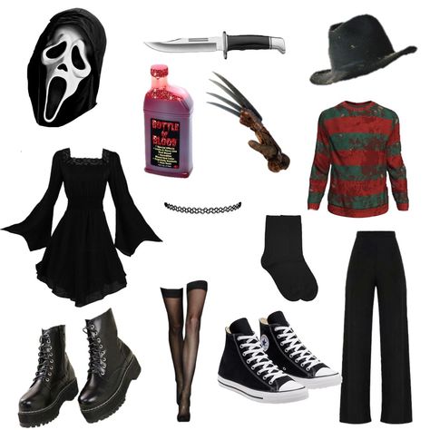 Holloween Costume Ideas Scream, Freddy Krueger Costume Women Halloween Ideas, Freddy Krueger And Scream Costume, Ghostface And Freddy Krueger, Ghost Face And Freddy Krueger Costume, Freddy Krueger And Ghostface Costume, Freddie Kreuger Costume Woman, Scream And Freddy Costume, Ghostface Outfit Girl