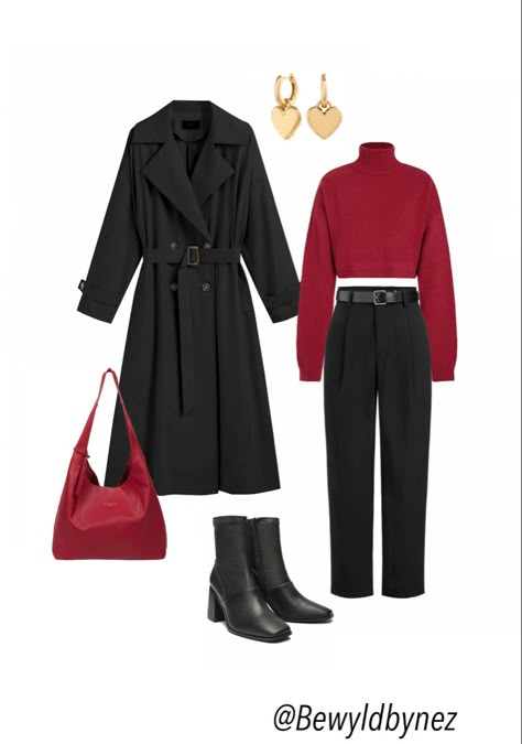 Red and black fall outfit inspo Coat Fall Outfit, Black Coat Outfit, Black Fall Outfits, Trench Coat Fall, Red And Black Outfits, Black Minimal, Fashion Sketches Dresses, Sketches Dresses, Muslim Fashion Outfits