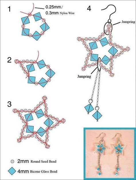 Make Beaded Earrings, Anting Manik, Pola Manik, Beaded Star, Бисер Twin, Gelang Manik-manik, Beaded Earrings Tutorials, Pola Gelang, Beading Jewelery