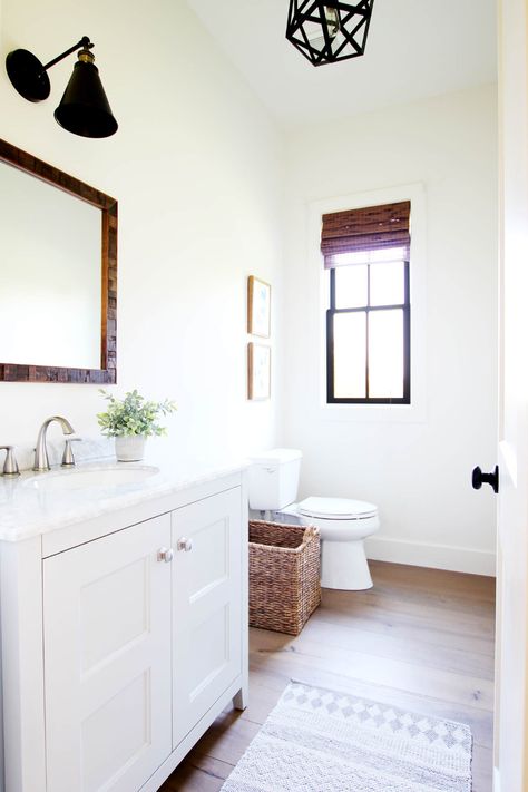 Our Modern Farmhouse: Foyer, Dining, and Half Bath - Plank and Pillow Vanity Simple, Farmhouse Concept, Beachy Bungalow, Modern Half Bath, Modern Farmhouse Foyer, Texas Office, Farmhouse Foyer, Portland House, Simple Bathroom Decor