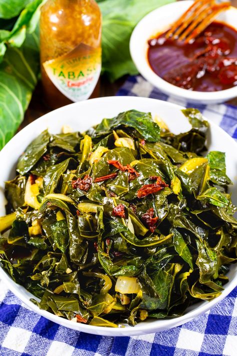 Chipotle Collard Greens have lots of smoky, spicy flavor. Spicy Collard Greens, Chipotle Peppers In Adobo Sauce, Collard Greens Recipe, Chipotle Peppers, Peach Salsa, Vegan Side Dishes, Vegan Sides, Adobo Sauce, Collard Greens