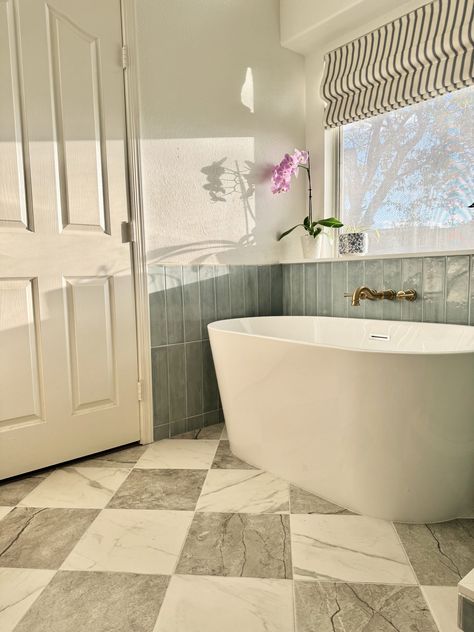 We found the Perfect Checkerboard Floor Tile – and it’s affordable! Outdoor Living Small Spaces, Primary Bathroom Remodel, Checkered Flooring, Checkerboard Tile, Blue Shower Tile, Casual Home Decor, Standing Tub, Diy Fireplace Makeover, Checkerboard Floor