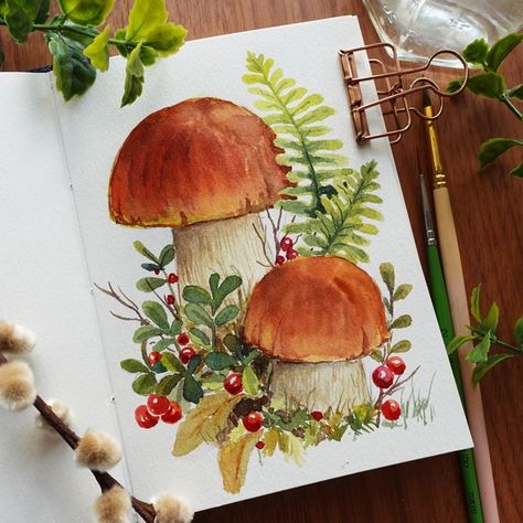 Mushroom Cottagecore Art, Fall Art Watercolor, Mushroom Art Painting, Autumn Watercolor Art, Watercolour Inspiration Flowers, Mushroom Illustration Cute, Fall Watercolor Ideas, Mushroom Watercolor Paintings, Botanical Art Watercolors