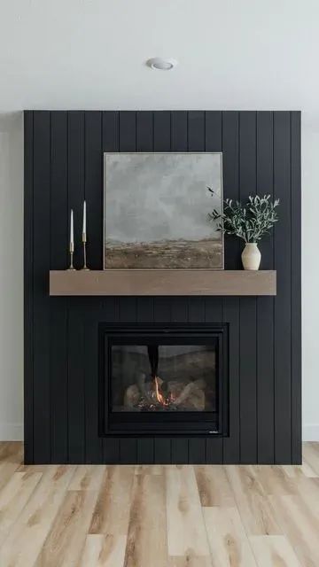 Black And Wood Fireplace Surround, Black Trim Fireplace, Vertical Panel Fireplace, Rooms With Black Fireplaces, Tricorn Black Tv Wall, Vertical Shiplap Fireplace Wall With Tv, Black Fireplace Wall Shiplap, Modern Craftsman Fireplace Ideas, Black Shiplap Above Fireplace