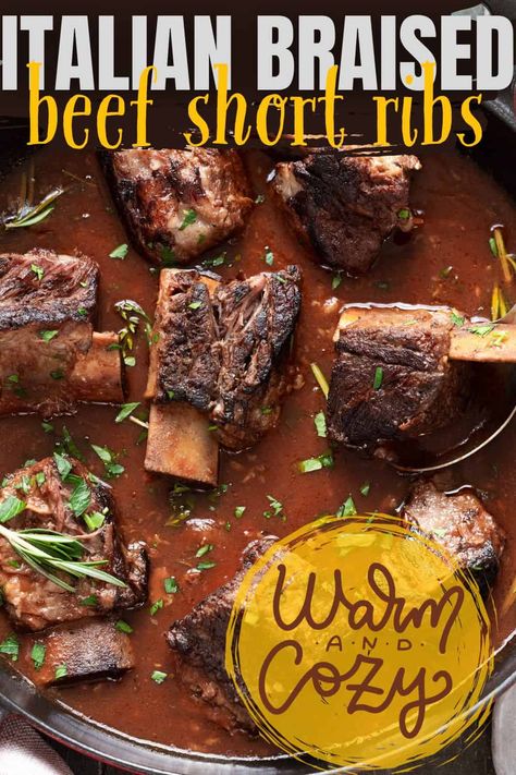 Pinterest pin for Italian braised beef short ribs. Ribs In Tomato Sauce, Braising Ribs Recipe, Italian Braised Beef, Beef Oxtail, Braised Beef Short Ribs, Beef Short Rib Recipes, Oxtail Recipes, Short Ribs Recipe, Italian Beef